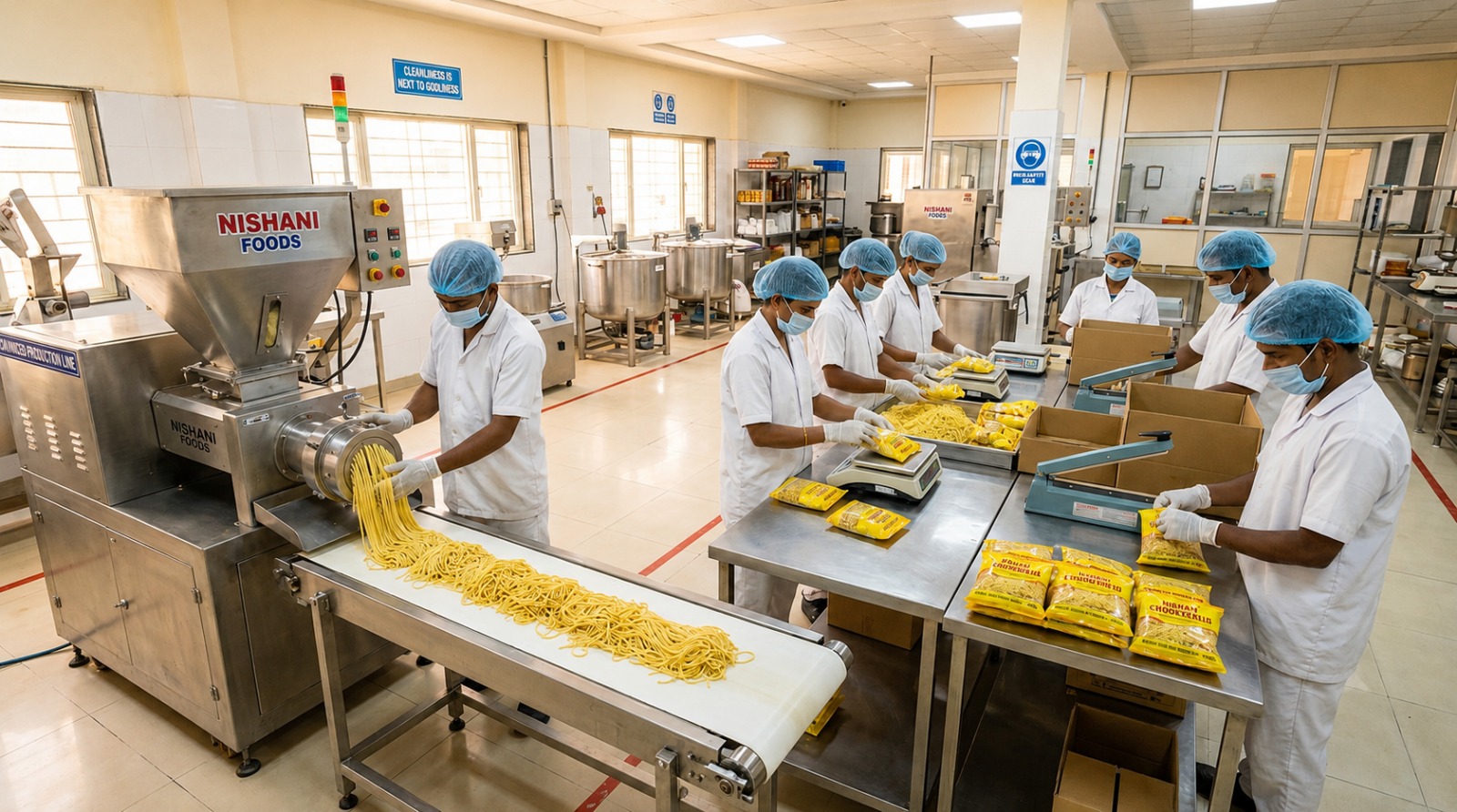 Nishani Industries manufacturing unit producing chowmein and papad by machine